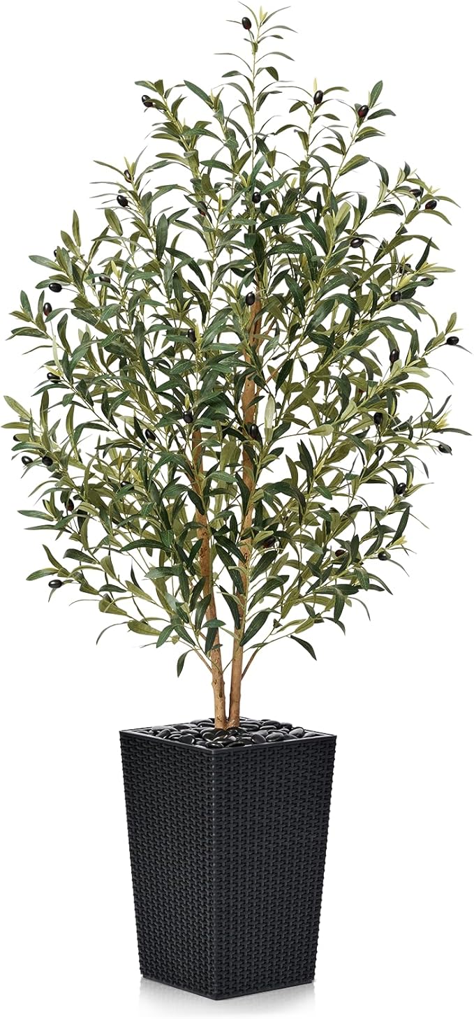 VeriNatural Artificial Olive Tree 5FT - Tall Faux Olive Trees with Natural Wood Trunk, Silk Leaves, Black Taper Planter & Pebbles, UV Resistant Fake Plants Indoor for Home Decor, Office,Outdoor,VN131