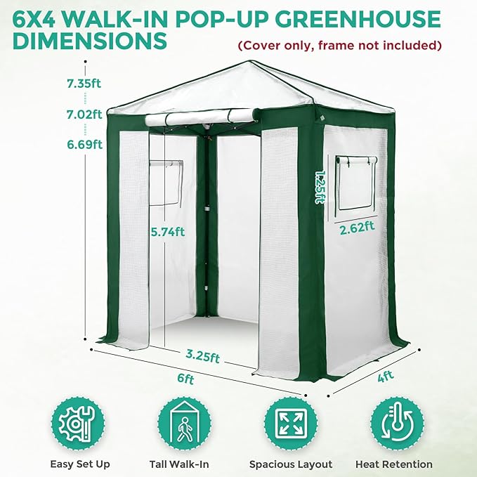EAGLE PEAK Replacement Cover for 6x4 Portable Pop up Greenhouse with Polyester Reinforced Corners, Front Roll-Up Zipper Entry Door and 2 Roll-Up Side Windows (Frame Not Included), Green/White
