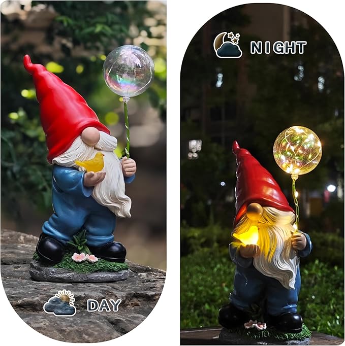 Solar Garden Male Gnome Statue, Detachable Outdoor Garden Decorative Stakes, Resin Gnome Holding Light-Up Bird & Bubble Wand, Upgraded 8-10H Lighting, for Patio, Yard, Flower Bed & Pathway, 10.63"