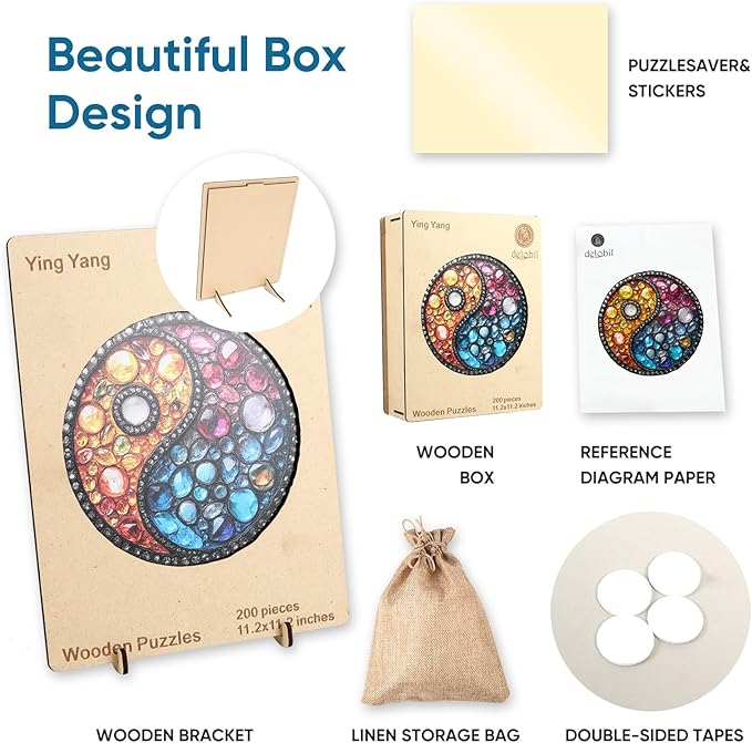 Delobil Puzzles for Adults 200 Pieces, 5MM Thick Colorful Crystal Yin-yang Wooden Puzzles, Gemstones Jigsaw Puzzles for Adults and Kids, Family Game Gift 11.2 * 11.2Inch