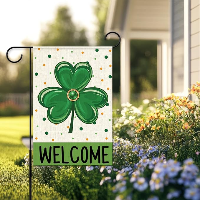 St Patricks Day Welcome Garden Flag 12x18 Inch Double Sided,Shamrock Outdoor Irish Decor House Porch Flag for St Patrick's Day Party and Yard Decorations