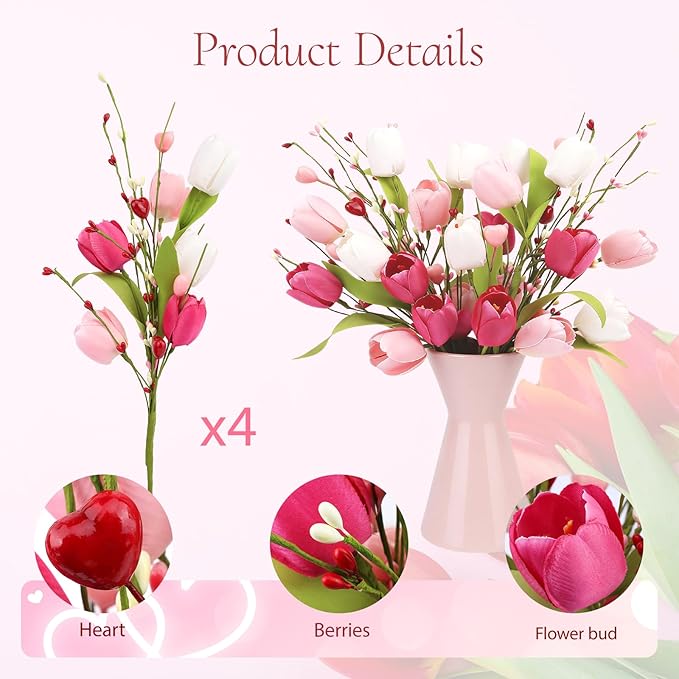 4Pcs Artificial Tulips Twigs Mother's Day Decorations Pink Tulip Berry Stems for Easter Day Anniversary Flower Bouquets Wedding Home Decor