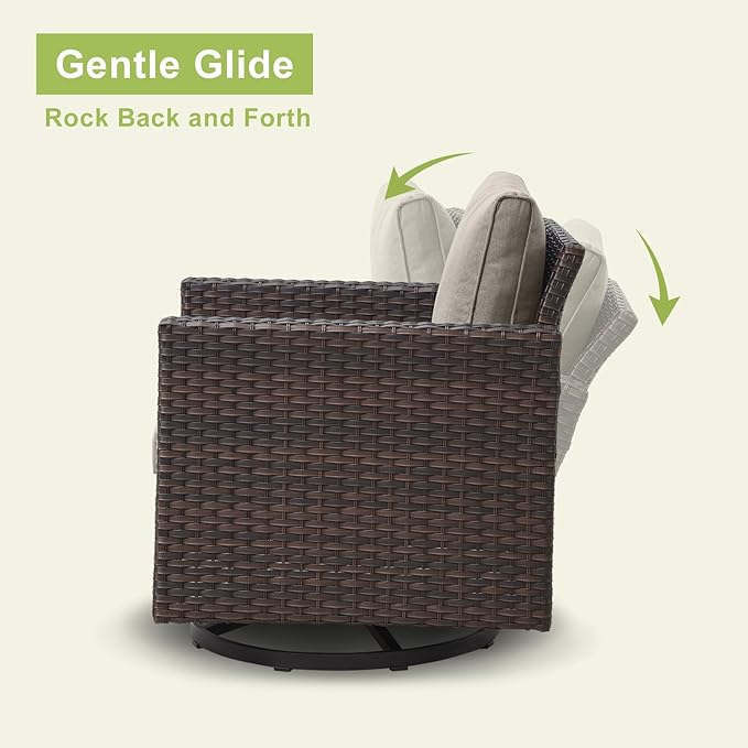 Rilyson Wicker Outdoor Patio Furniture Set - 5 Piece Patio Conversation Set with 2 Swivel Rocker Chairs,2 Rattan Ottoman and 1 Couch for Outside Porch Deck Backyard Garden(Brown/Grey)