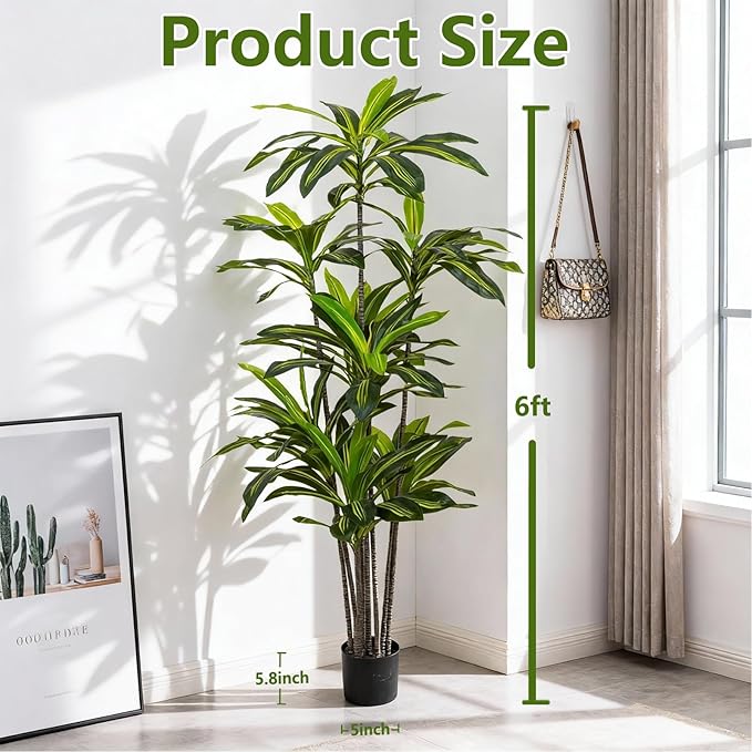 Artificial Dracaena Tree 6FT - Fake Tree with Black Planter - Faux Yucca Tall Fake Floor Plant in Pot - Artificial Plant for Home Office Living Room Decor Indoor