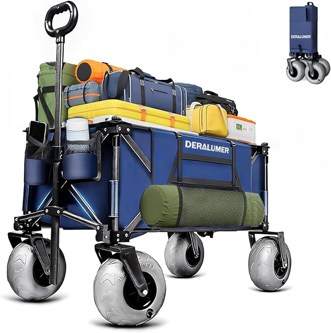 Beach Cart with Big Wheels for Sand, 35"L Heavy Duty Folding Beach Wagon with 9×4" Balloon Tires, All Terrain Utility Cart for Garden, Sports, Camping, Outdoor (Sand Rover X800-BS,Navy Blue)