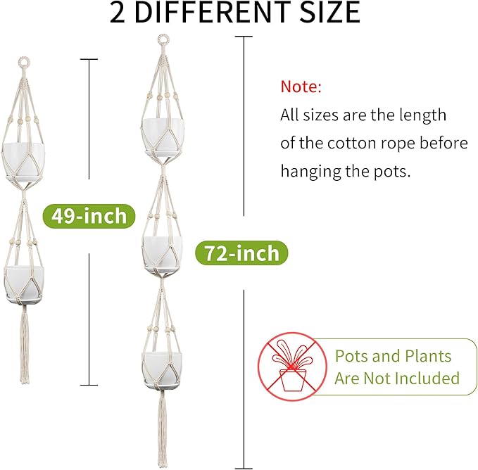 IDEEEPAN Macrame Plant Hanger - Fits 4 to 8 inches Pots for Indoor Outdoor, 49"/72" 2 Sizes Set, Ivory (POTS NOT Included)