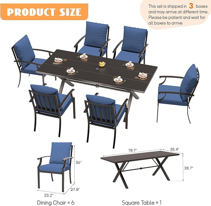 7-Piece Patio Dining Set Outdoor Conversation Set,Metal Outdoor Furniture Set with Umbrella Hole Cut-Out 78.7" x 35.4" Table and 6 Metal Backrest Chairs for Backyard,Garden,NavyBlue
