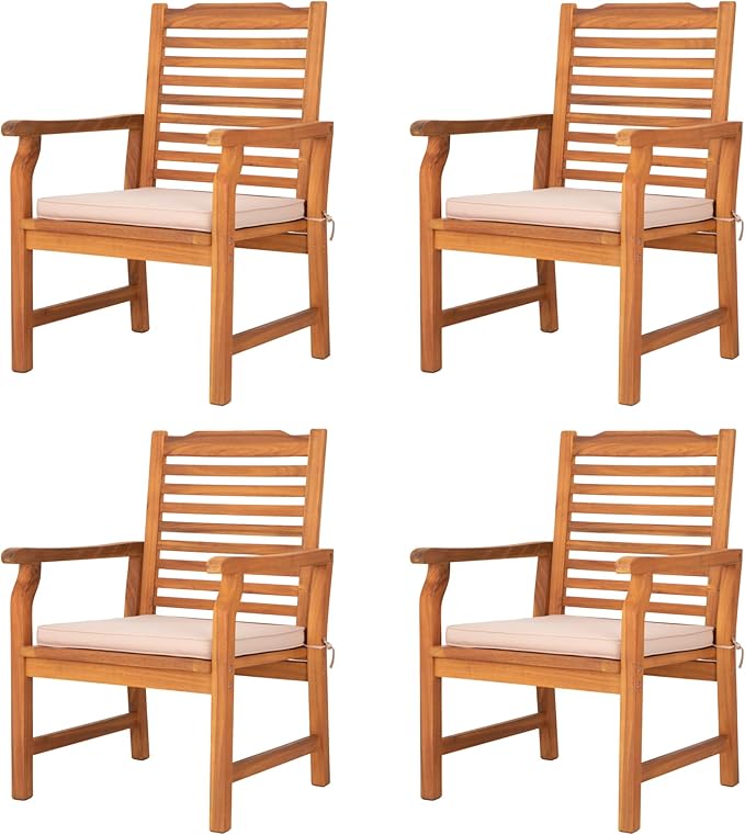 PHI VILLA 4 Pieces Acacia Wood Outdoor Dining Chairs with Cushions, Patio Wooden Armchairs Set of 4, Natural Teak Dining Chairs for Deck, Yard, Porch