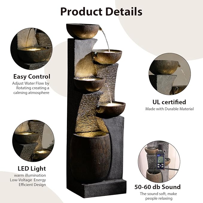 51.6'' H Tall Outdoor Water Fountain, 5-Tier Resin Cascading Crock Bowls with LED Lights, Garden Water Feature and Waterfall for Porch, Deck, Patio, Yard, and Home Décor, Dark Gray