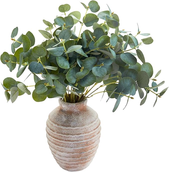 4 Pcs Artificial Eucalyptus Sprigs & Ceramic Vase Set - 15.4" H Total Height, Farmhouse Boho Rustic Home Decor for Living Room Table, Coffee Desk, Shelf & Bedroom Decoration