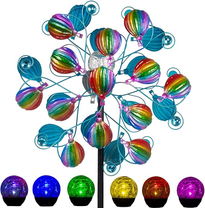 VEWOSTAR Solar Wind Spinners Outdoor,Hot Air Balloon Wind Spinner with LED Glass Ball,Muti-color Wind Spinners for Yard and Garden,Pinwheels Kinetic Wind Spinner,Wind Sculptures & Spinners for Pathway