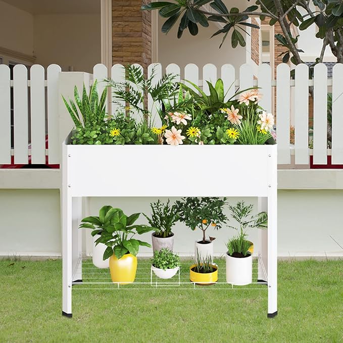 Raised Garden Bed with Detachable Legs Elevated Metal Planter Box for Growing Fresh Herbs Vegetables Flowers Succulents&Other Plants for Outdoor Backyard Patio Deck Balcony White L
