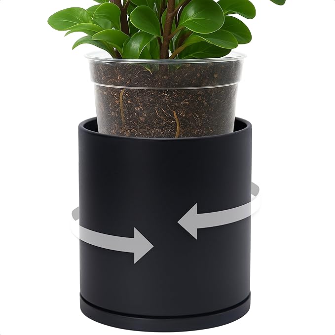 D'vine Dev Double-Layer Planter Set – Rotating Plastic Cachepot with Clear Inner Liner for Root Health, Perfect for Indoor Plants, 6.5", Black, 73-U-B-2