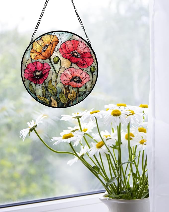 AMDERVEN Stained Glass Window Hanging, Red Orange Poppy Birth Flowers Sun Catcher for Door Garden Yard Decor Wildflowers Suncatcher Christmas Mother Birthday Gifts for Women Men Mom Nana 11.8 in