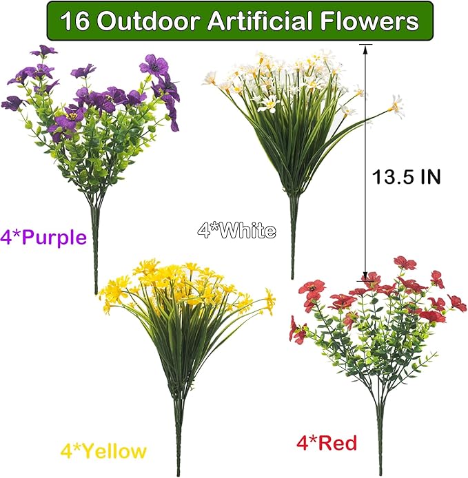 Outdoor Artificial Flowers, 16 Bundles UV Resistant Realistic Faux Plastic Plants with Colorful Daisies for Porch, Patio, Yard, Garden, Spring Home Decor (Window Box & Planters)