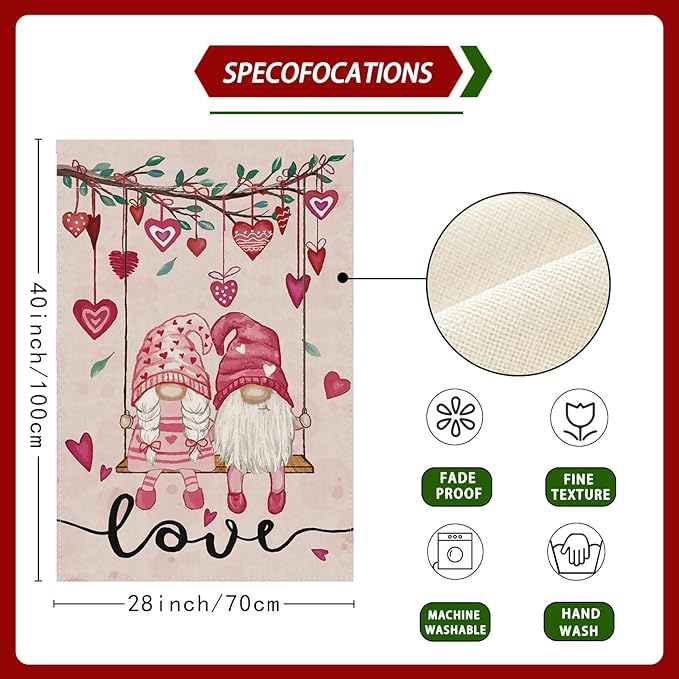 Valentine’s Day Romantic Swing Gnome Love Hearts House Flag Big Large Burlap 28X40 Inch Vertical Double Sided Outside Yard Holiday Outdoor Farmhouse Decoration