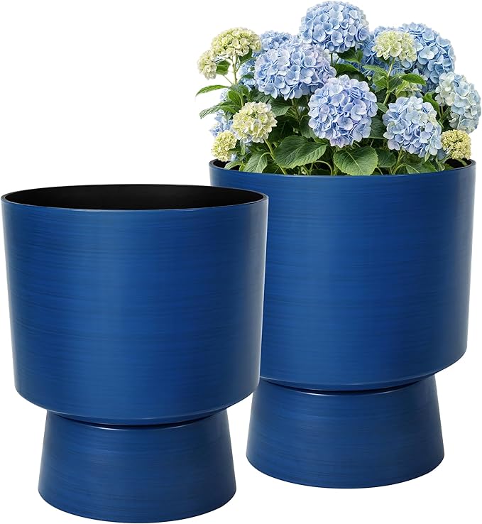 Ultym 16.8" 2-Pack Urn Planters for Outdoor Indoor Plants, Modern 2-in-1 Large Flower Pots with Detachable Base, Drainage Holes, Weather-Resistant for Garden Patio Home Office Decor, Brushed Blue
