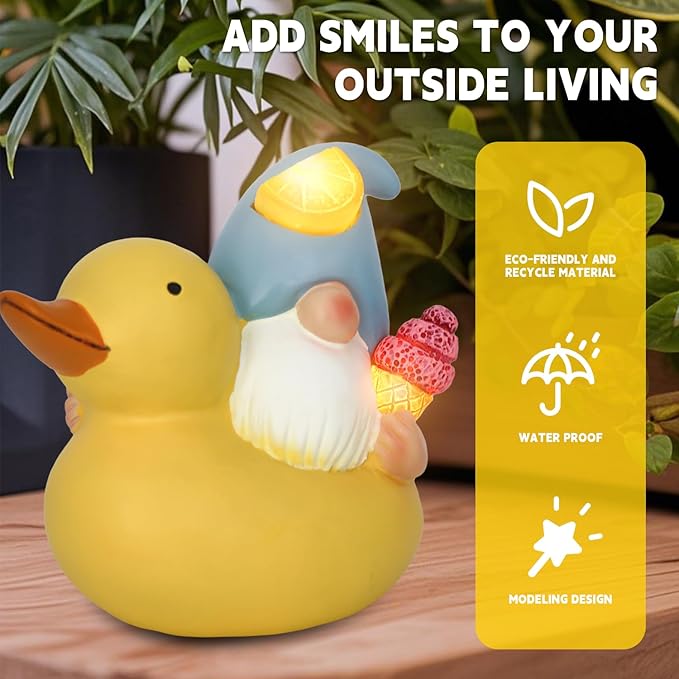 Solar Gnome Garden Decor Statue,Outdoor Funny Solar Light Decoration for Outside Yard Patio Front Porch Balcony Home - Unique Housewarming Gifts (Yellow Duck)