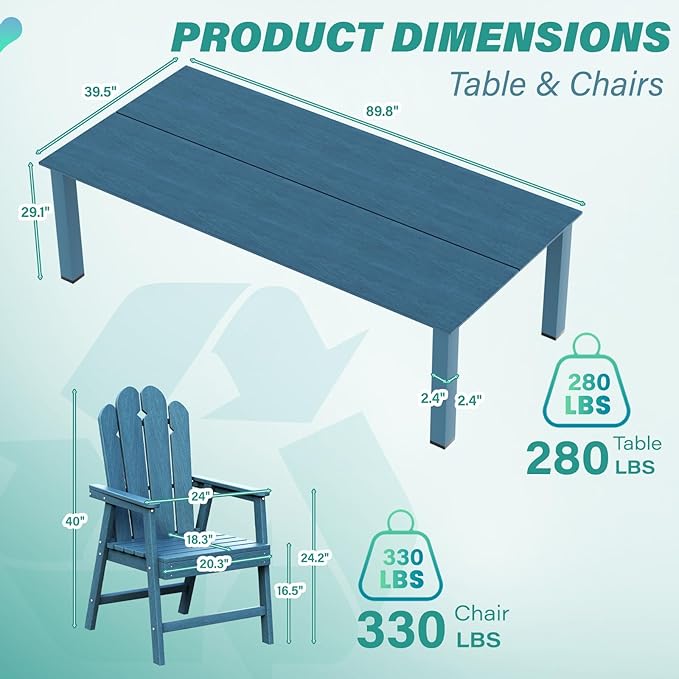 9-Piece Patio Dining Set for 8, Large HDPE All-Weather Outdoor Furniture with Umbrella Hole Table, 89.76” Oversized Table, 8 Armchairs, Navy