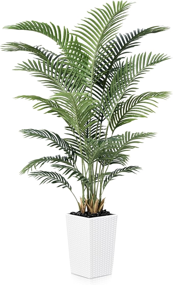 VeriNatural 6FT Artificial Palm Tree - Tall Fake Tree with White Taper Planter & Pebbles, UV Resistant for Indoor & Outdoor Decor - Large Potted Faux Plant for Living Room, Office, Home Decor,VN130