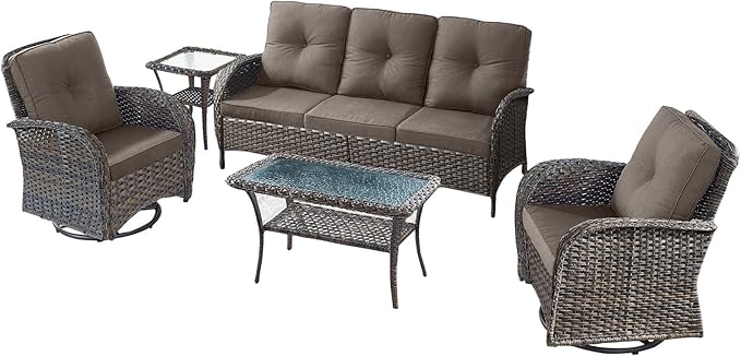 5 Pieces Wicker Patio Furniture Set-Outdoor Swivel Rocker Patio Chairs Patio Sofa Set with Tempered Glass Top Outdoor Coffee Table for Deck Lawn Porch Balcony Poolside-Brown/Grey