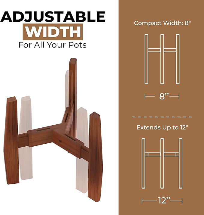 ROCCA 2-Tier Adjustable Width 8" to 12" Stackable Bamboo Tall Plant Stand Indoor, Corner Wood Plant Stand, Wooden Plants Holder, Plants Stands Indoor, Modern Pedestal Tables for Multiple Pots