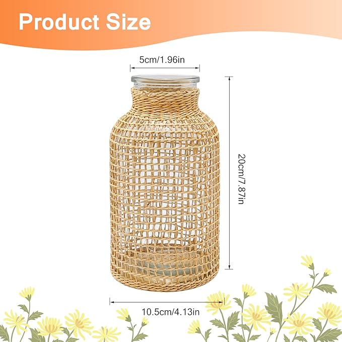 MDEOOSKY Straw Woven Glass Vase 7.87''x1.96''x4.13''Boho Glass Flower Vase Country Rustic Style Vase Glass Vase for Floral Arrangements Bottle Height (B Style 7.87IN)