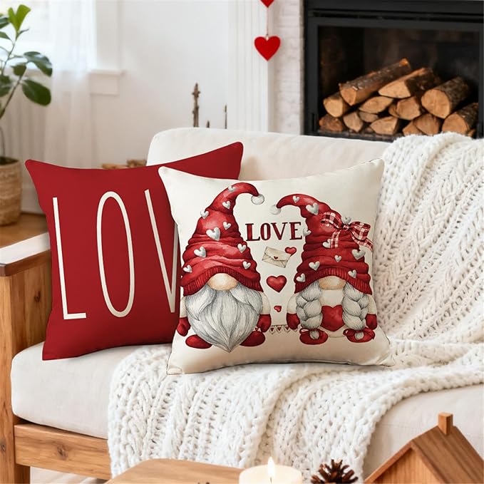 NIGHTWISH Valentine's Day Pillow Covers 20x20 Set of 4 Love Heart Truck Gnomes Valentines Day Decorations XOXO Wedding Throw Cushion Case for Sofa Couch