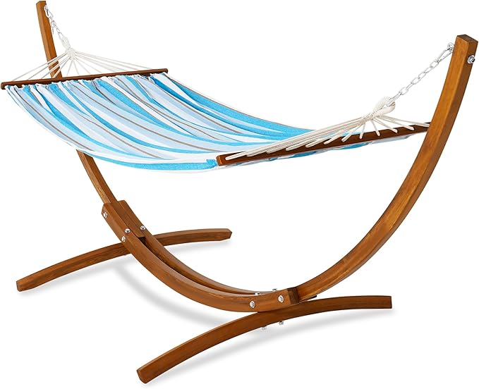 Lazy Daze Hammocks Cotton Fabric Spreader Bar Hammock and 10.5 Ft Wood Arc Hammock Stand Combo, for Indoor, Outdoor, Patio, Backyard, Blue and White