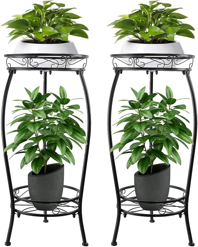 YHIJURS 2 Pack Plant Stands Indoor Outdoor, 27.1" 2-Tier Metal Pot Holder,Tall Corner Plant Stand, Heavy Duty Rustproof Planter Rack for Home, Garden, Patio, Balcony - Black