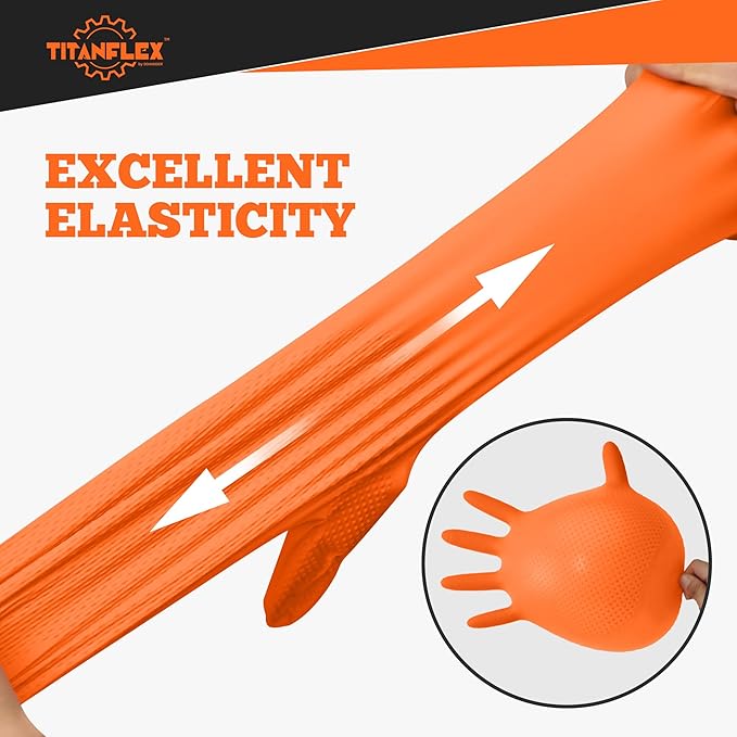 TitanFlex Heavy Duty Orange Industrial Nitrile Gloves with Raised Diamond Texture, Latex Free (6mil/8mil)