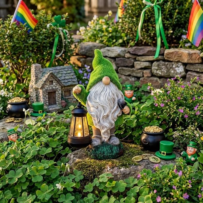 TERESA'S COLLECTIONS Christmas Outdoor Statue for Home, Resin Gnome Decorations with Solar Outdoor Lights for Garden Decor,Green Garden Sculptures & Statues for Front Patio Lawn, Gifts for Mom,8"