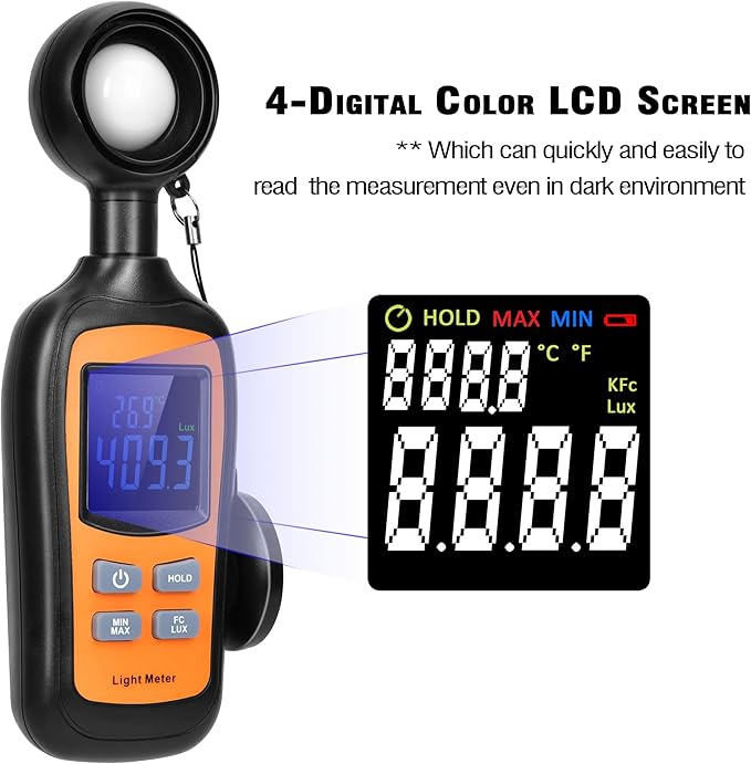 Handheld Digital Light Meter,4 Digit Color Screen Illuminance Meter with Ambient Temperature Measurer,Range up to 200,000 Lux Luxmeter,for Photography Plants Lighting Intensity Brightness Measurement