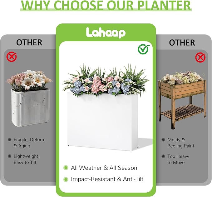 LAHAAP Set of 2 Outdoor Planters 38"W x 10.2"D x 30"H- Tall Rectangular Planters for Outdoor Patio/Porch, All-Weather with Anti-dumping Kit, Durable Galvanized Steel, Modern Design for Plants, Flower