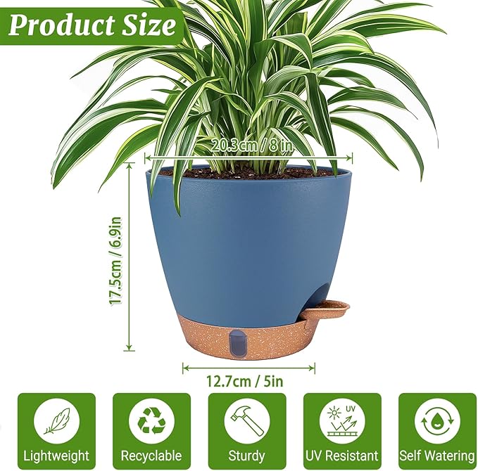 Fielda 2 Pack 8 inch Plant Pots, Plastic Self Watering Planters with Drainage Holes, Deep Reservoir, Water Level Indicator, Modern Decorative Flower Pots for Indoor Outdoor Plants (Navy Blue, 8 inch)