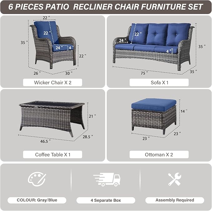 Belord Patio Wicker Sofa Set 6 Pieces Patio Furniture Set Outdoor Couch, 2 Patio Wicker Chairs with 1 Sofa, Coffee Table and Ottomans, Patio Conversation Set for Porch Garden Deck Balcony Poolside
