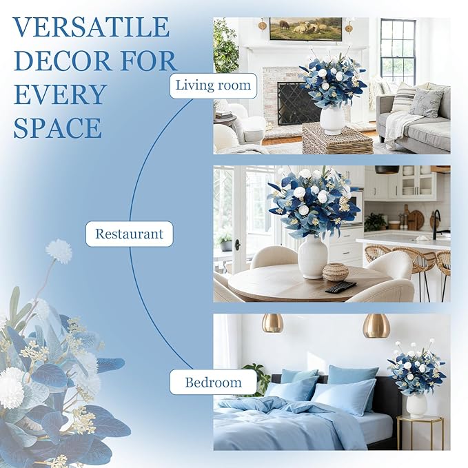 Fake Flowers for Vase, 15 pcs Faux Silk Pompom Mum Artificial Flowers with Eucalyptus Stems, Mini Floral Long Stem Arrangements for Home Decor, Wedding, Table Centerpieces DIY Floral Designs