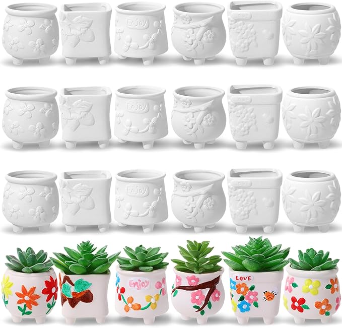 Leitee 18 Pcs Paint Your Own Ceramic Pot Bulk Fall Succulent Pots Ready to Paint Small Pot Mini Succulent Planters Pottery Painting for Spring Valentine Easter Craft(Lovely Flowers)
