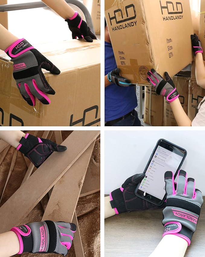 HANDLANDY Work Gloves for Women, Breathable Leather Gardening Glove for Yard Maintenance, Hand Protection with Touch Screen for Gardeners, Farmers