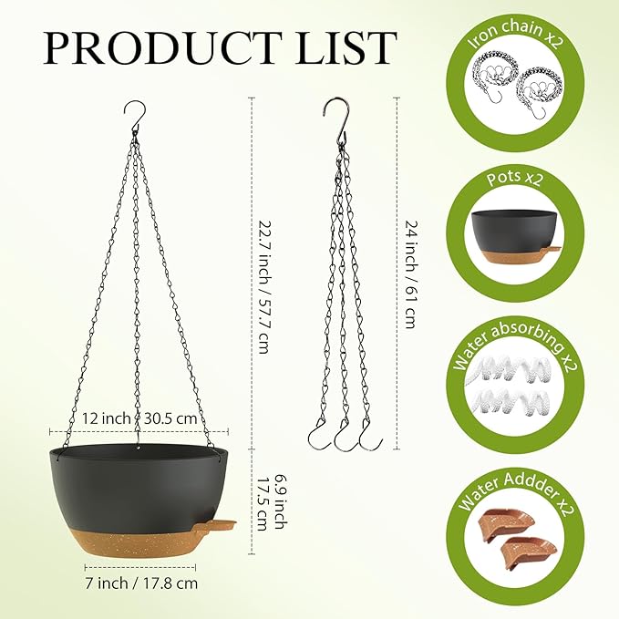 SQKH 12 Inch Hanging Baskets 2 PC with Chains, Self-Watering Hanging Planters for Indoor Outdoor Plants, Plastic Hanging Flower Pots,Black Brown