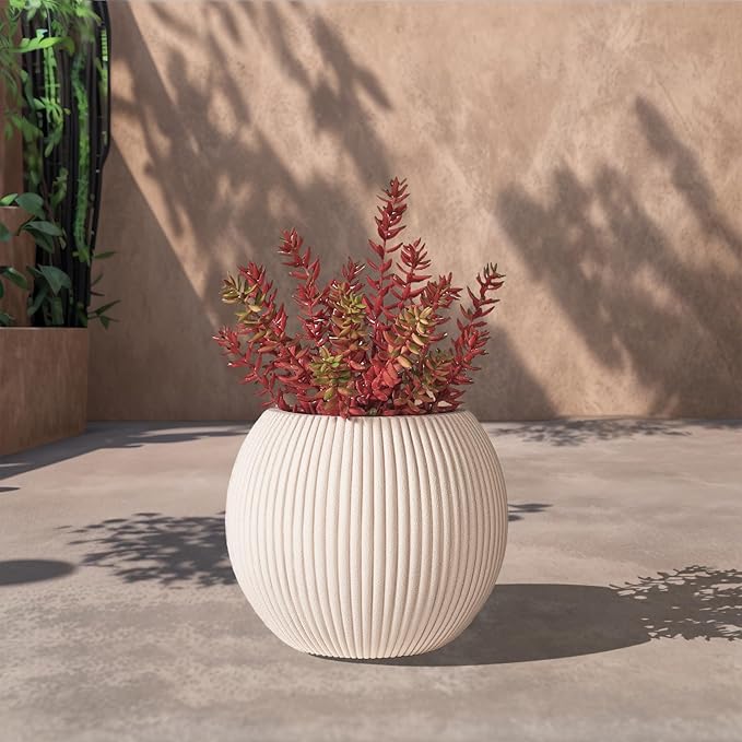 TerraDeco 16 Inch Handmade Outdoor Planter - Classic Striped Design | Fiberglass & Composite Material | Durable for Commercial & Home Decor