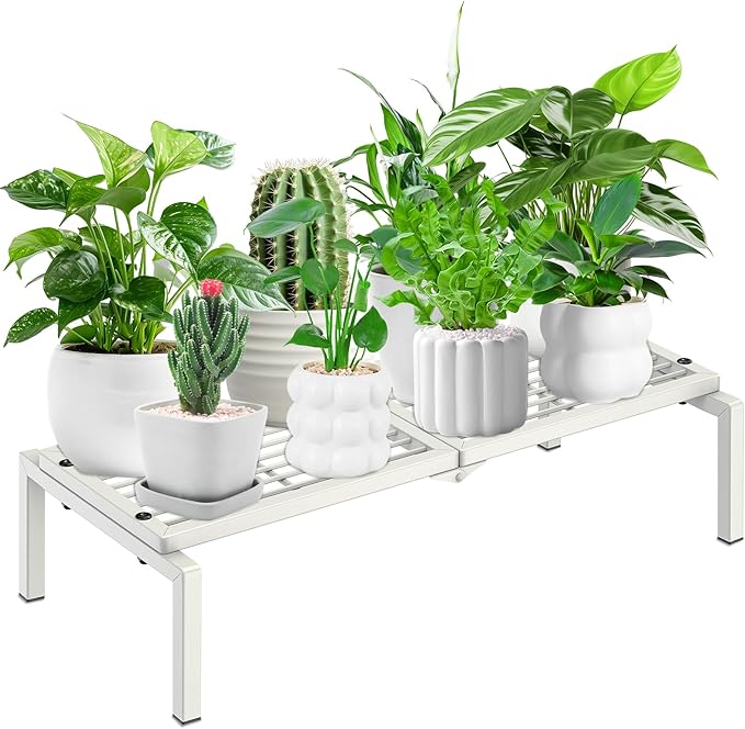 Gouisalin 1 Tier Metal Plant Stand Indoor Outdoor, Potted Multiple Flower Pot Holder Rack Plant Shelf, Heavy Duty Planter Display Shelving for Patio Balcony Garden Living Room Decorative (White)