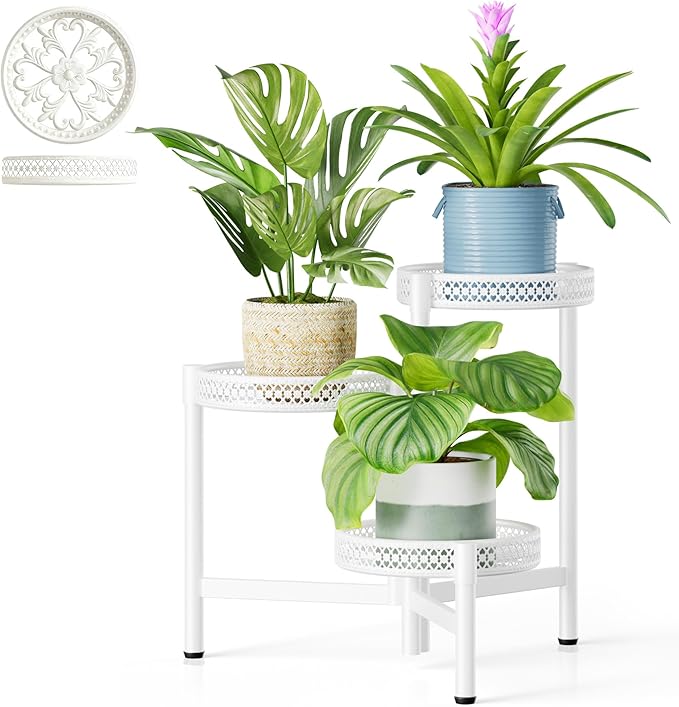 NQW 3 Tiered Tall Plant Stand Indoor Outdoor, Metral Plant Shelf for Corner Display Rack, Multi-Tier Folding Planter Pot Holder Flower Stand for Living Room Balcony Garden Patio - WhiteWave