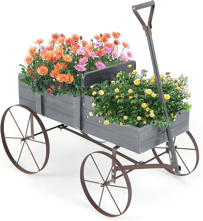 Giantex Decorative Garden Planter, Small Wagon Cart with Metal Wheels, Wood Raised Beds Plant Pot Stand for Backyard Garden Patio 24.5”Lx13.5”Wx24”H (Gray)