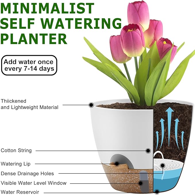 Self-Watering Plant Pots with Water Level Indicator, Drainage Holes & Saucers – 12/10/9 Inch Large Plastic Planter Set for Indoor & Outdoor Plants (White)