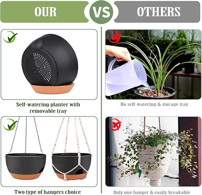 Lucieblessdesign Hanging Planters for Outdoor Indoor Plants, 2 Pack 10 Inch Hanging Basket Plants Outdoor, Self Watering Hanging Planter with Plant Hanger for Garden Home Decoration (Black, 10 inch)