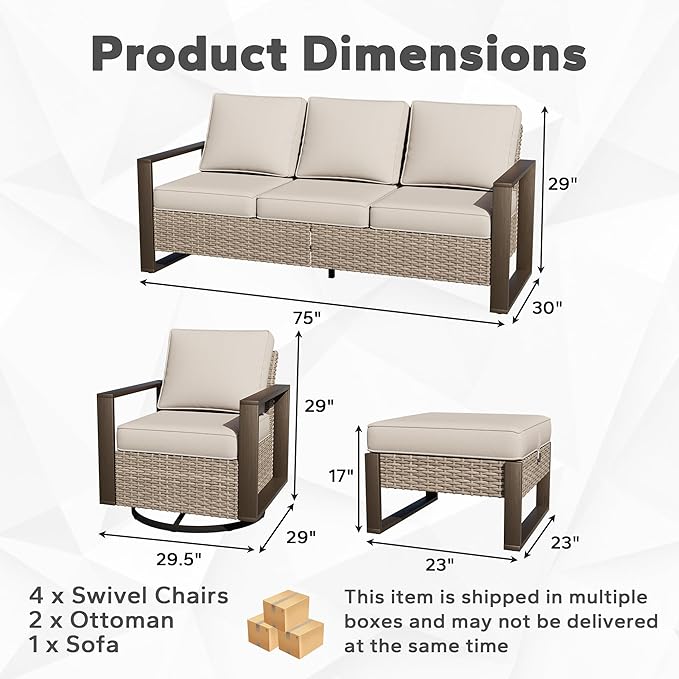 Outdoor Patio Swivel Rocker Chairs, 7 Pieces Wicker Furniture Set, 4 Swivel Rocking Chairs, 1 Sofa and 2 Ottoman, Metal Wide Armrest, Thick Cushions and Deep Seating for Garden, Backyard, Porch, Deck