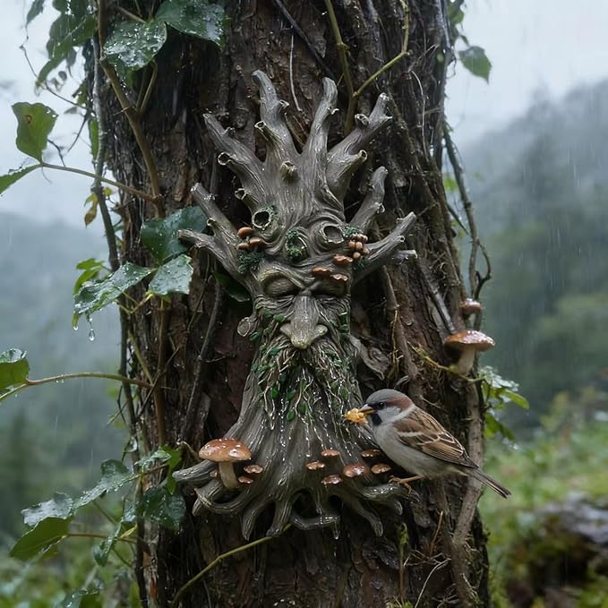 Tree Spirit Garden Sculpture, Super Bowl Party Decor Valentine‘s Day Gift Decorative Tree Face with Mushrooms and Leaves, Outdoor Art Decor.