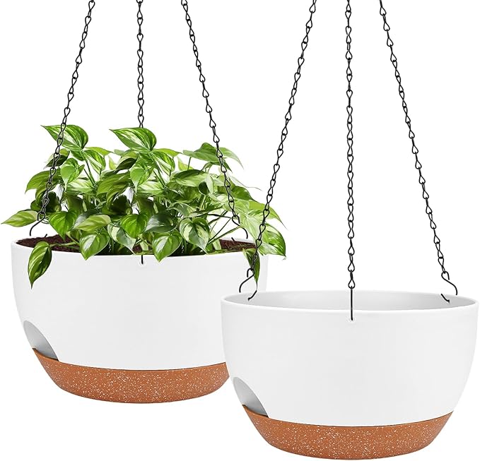 Lucieblessdesign Hanging Planters for Outdoor Indoor Plants, 2 Pack 12 Inch Hanging Basket Plants Outdoor, Self Watering Hanging Planter with Plant Hanger for Garden Home Decoration (White)