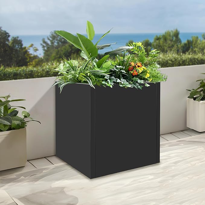 Steel Planter Box Metal Square Indoor Outdoor Planter Box for Outdoor Plants Large Planters Cube Heavy Duty Flower Pot Commercial Residential for Home Garden Deck Porch Patio (Black, 17 x 17 x 18 in)